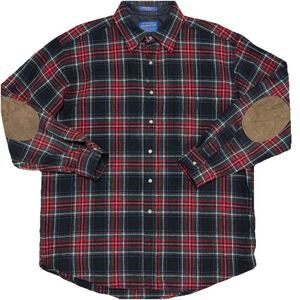 Pendleton Black Tartan Plaid Wool Long Sleeve Shirt Elbow Patches Large VTG